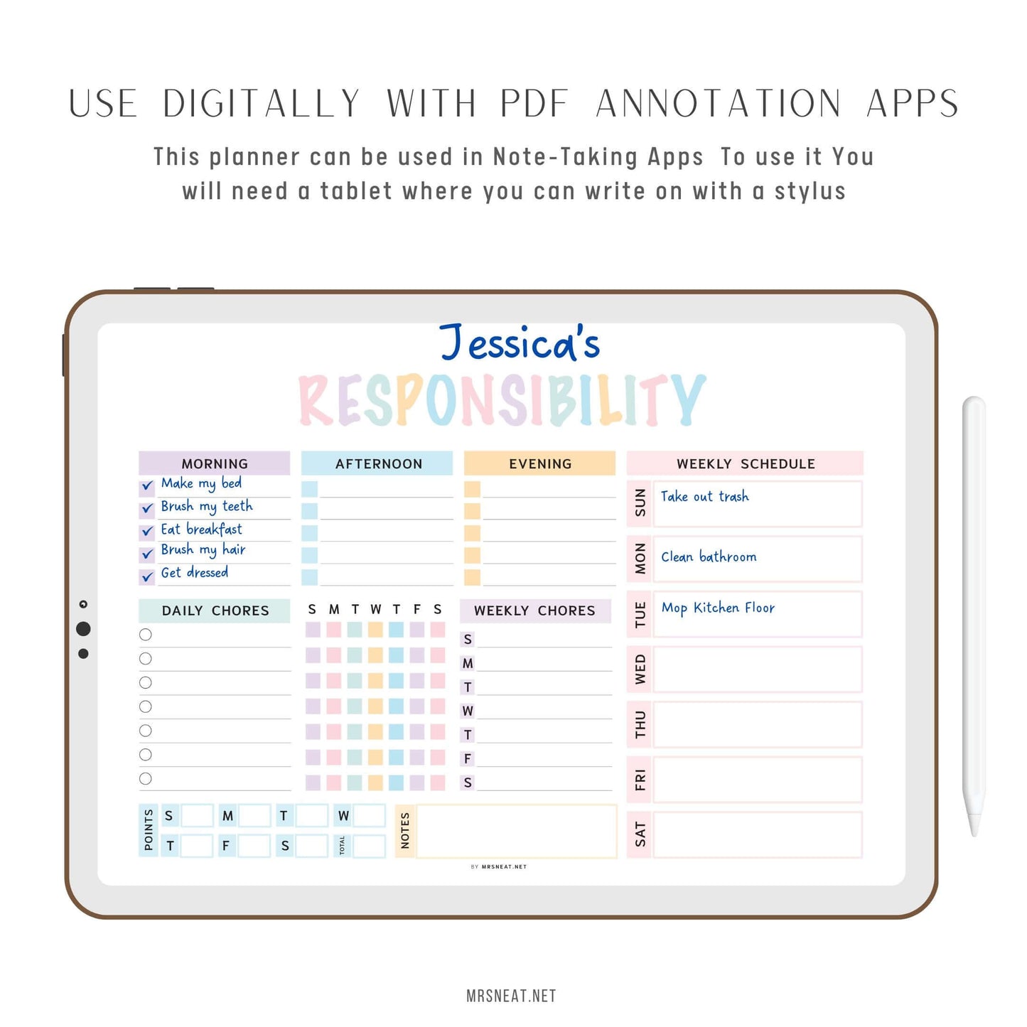 Digital Editable Responsibility Chore Chart Printable PDF, Landscape, A4, Letter, Colorful, Sunday & Monday start