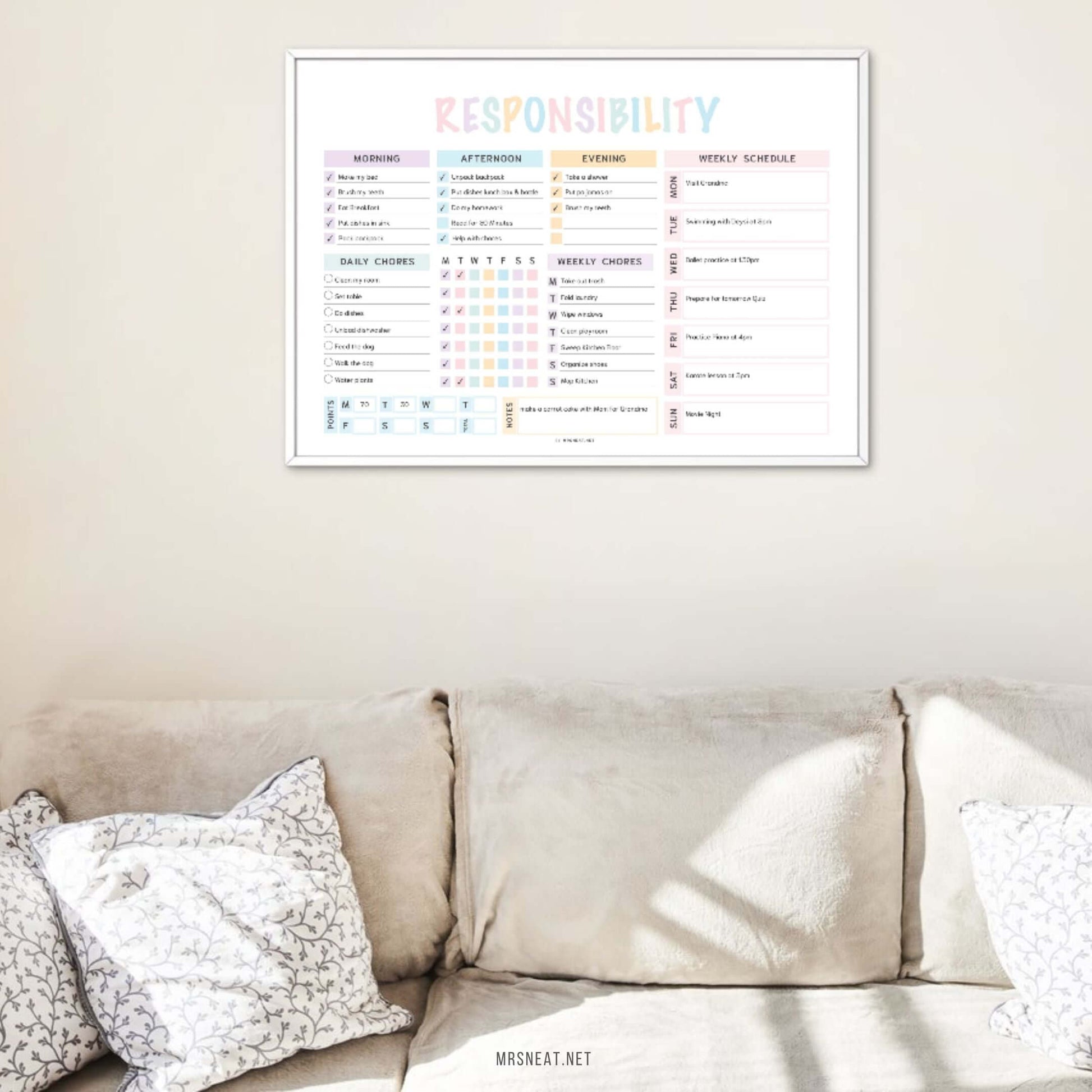 Cute Weekly Responsibility Chore Chart Printable PDF, Landscape, A4, Letter, Colorful, Sunday & Monday start