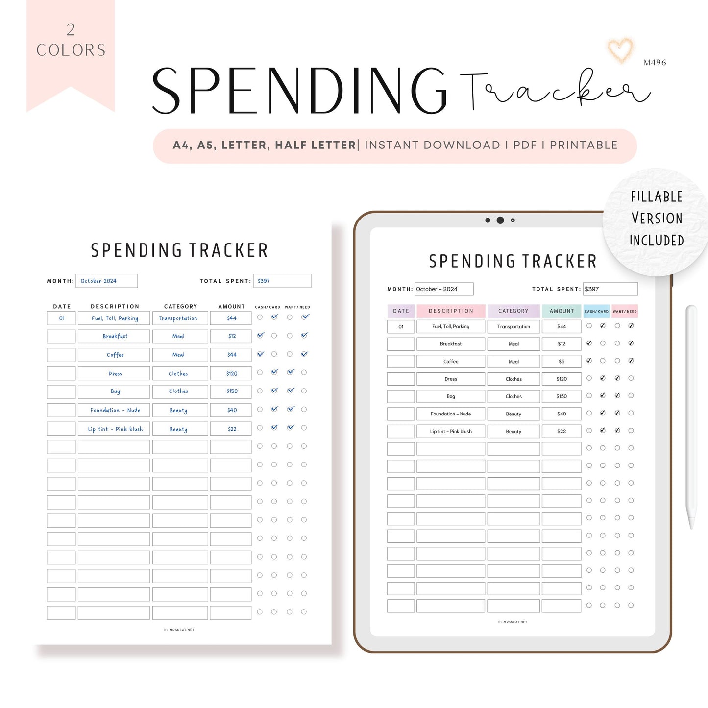 Editable Spending Tracker Printable PDF, A4, A5, Letter, Half Letter, Colorful, Minimalist, Fillable PDF, Digital Planner