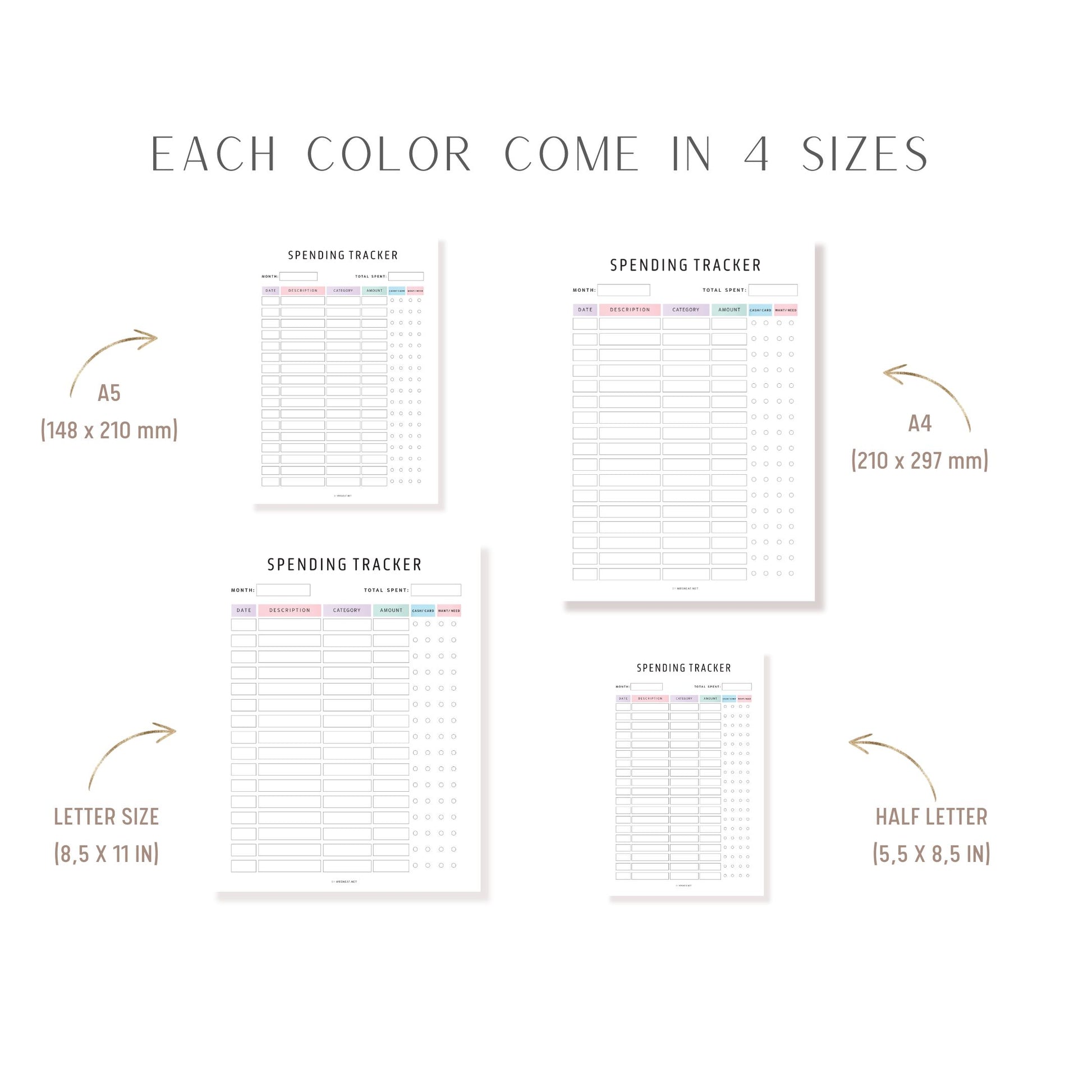 Editable Spending Tracker Printable PDF, A4, A5, Letter, Half Letter, Colorful, Minimalist, Fillable PDF, Digital Planner