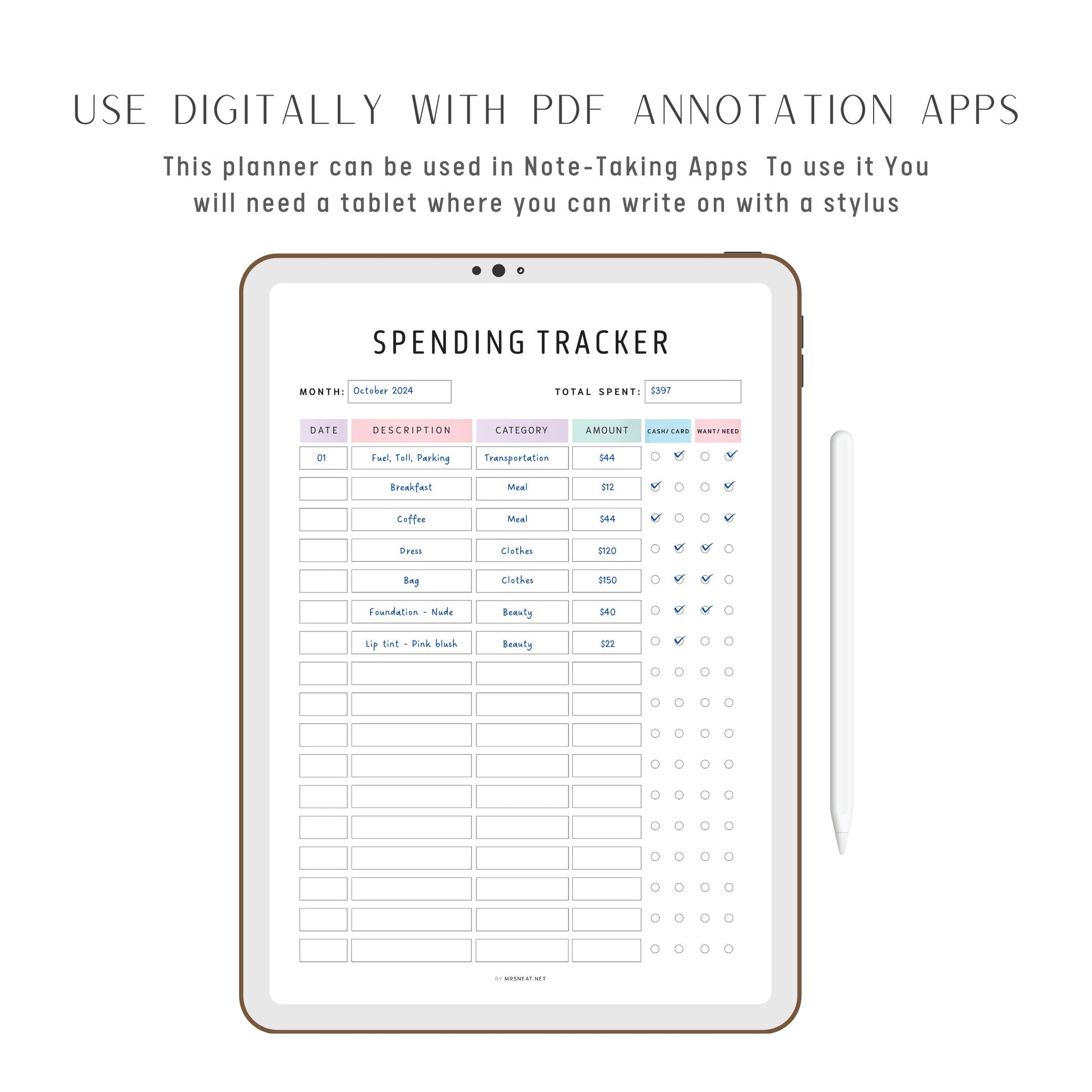 Editable Spending Tracker Printable PDF, A4, A5, Letter, Half Letter, Colorful, Minimalist, Fillable PDF, Digital Planner