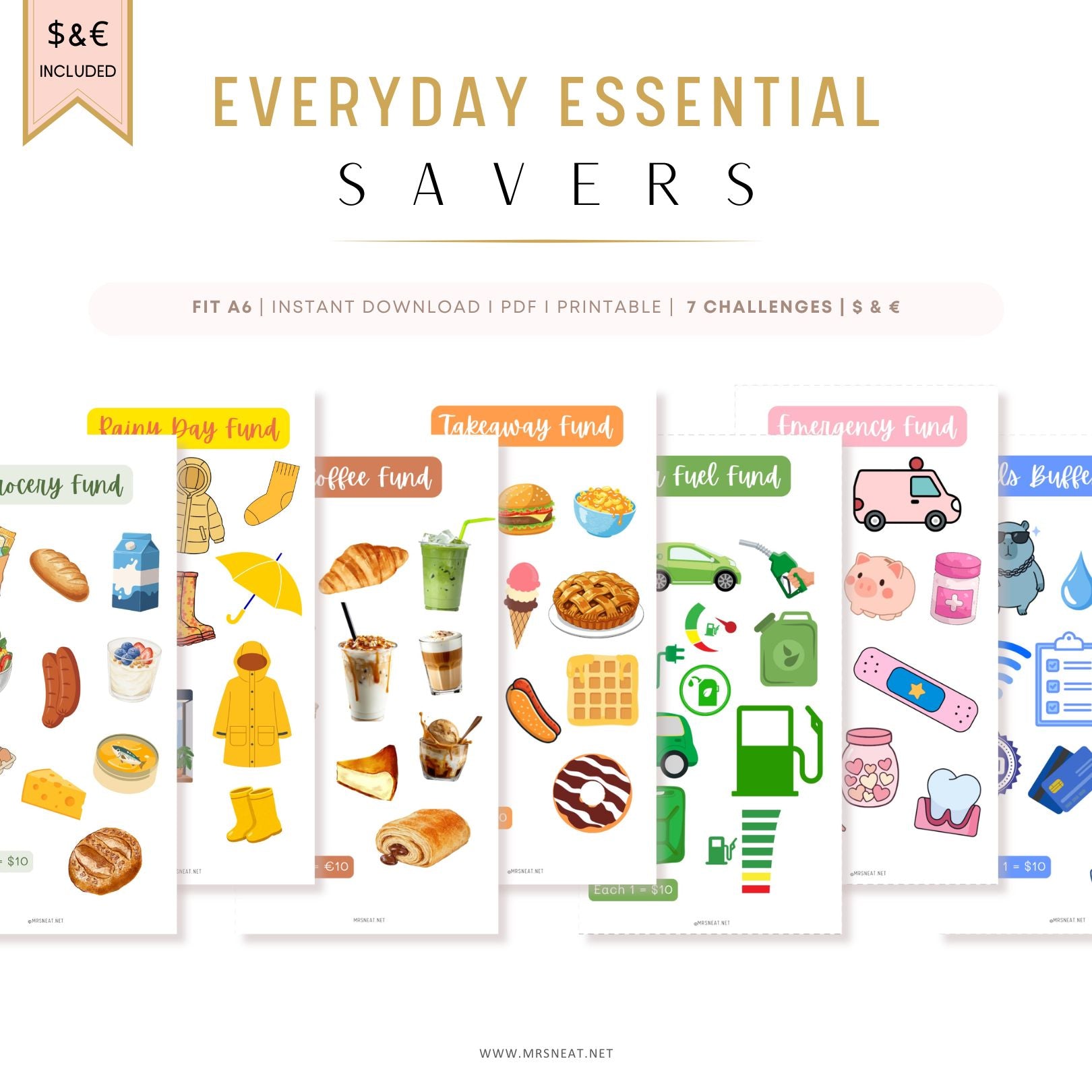 Collection of 'Everyday Essential Savers' planner stickers with various icons on a white background.