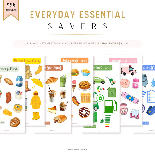 Collection of 'Everyday Essential Savers' planner stickers with various icons on a white background.