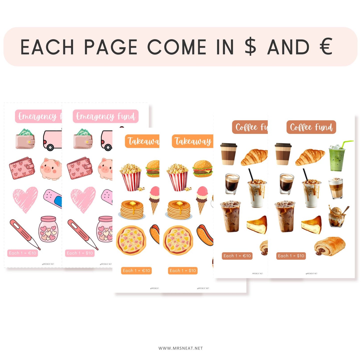 Illustrated money tracking pages with various food and emergency fund icons on a white background.