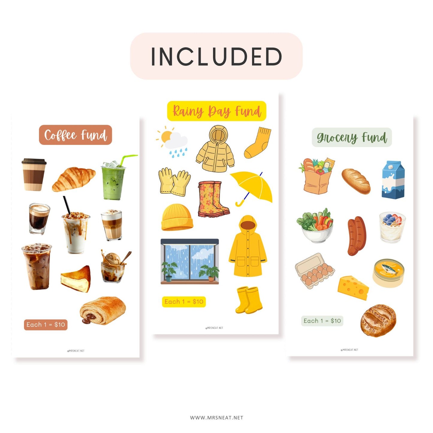 Set of three sticker sheets with various icons on a white background