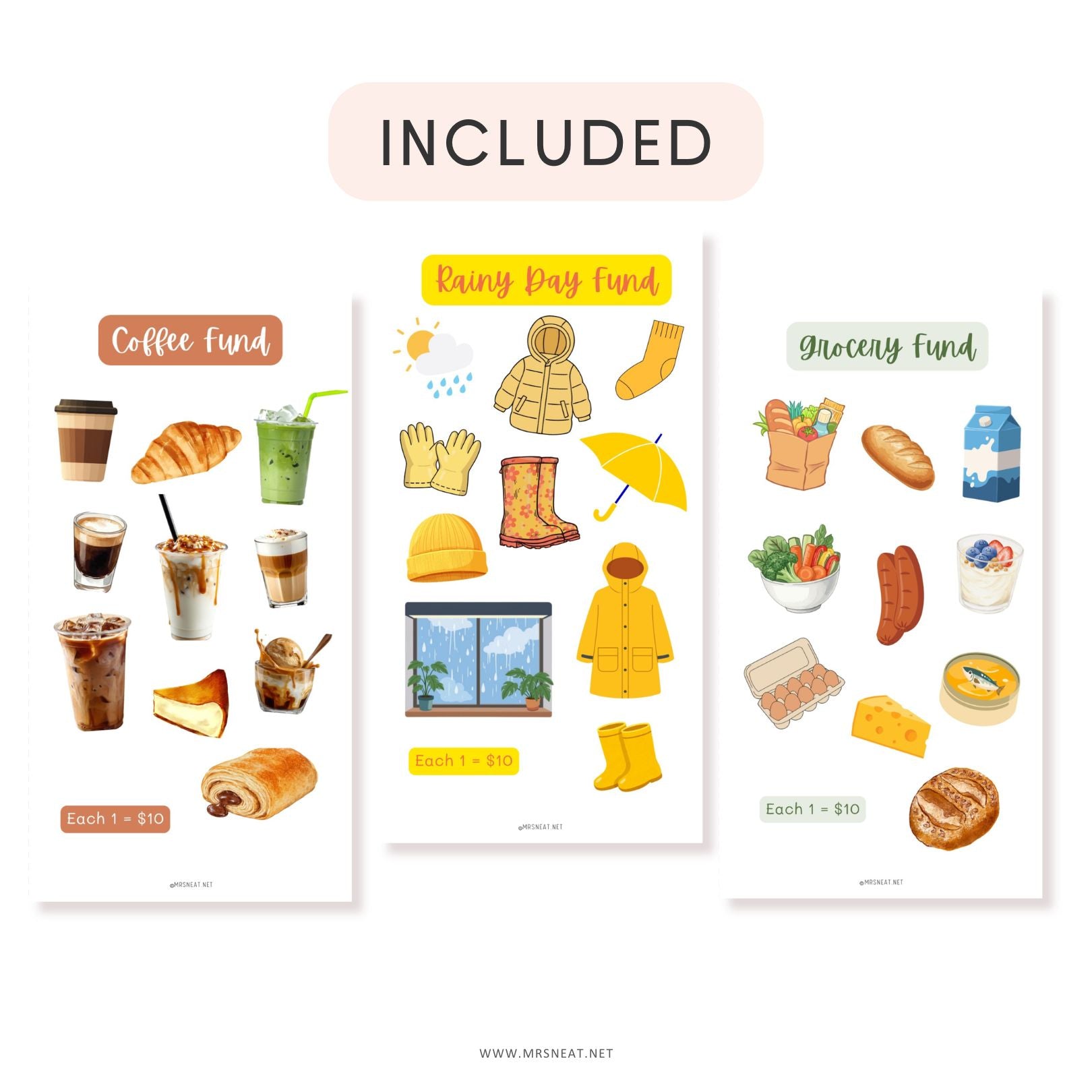 Set of three sticker sheets with various icons on a white background