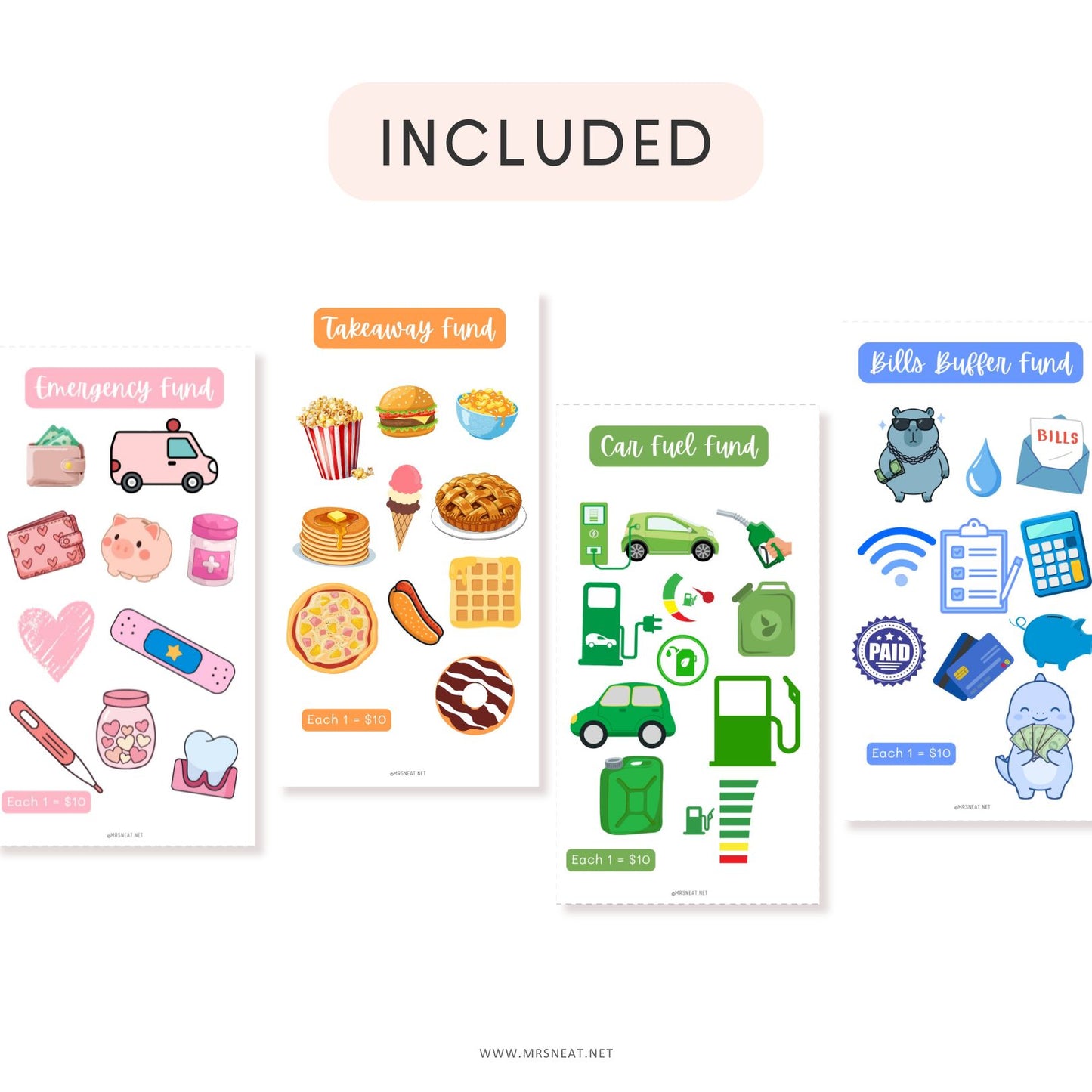 Set of financial-themed stickers including emergency fund, takeaway fund, can fuel fund, bills buffer fund, and various icons on a white background.