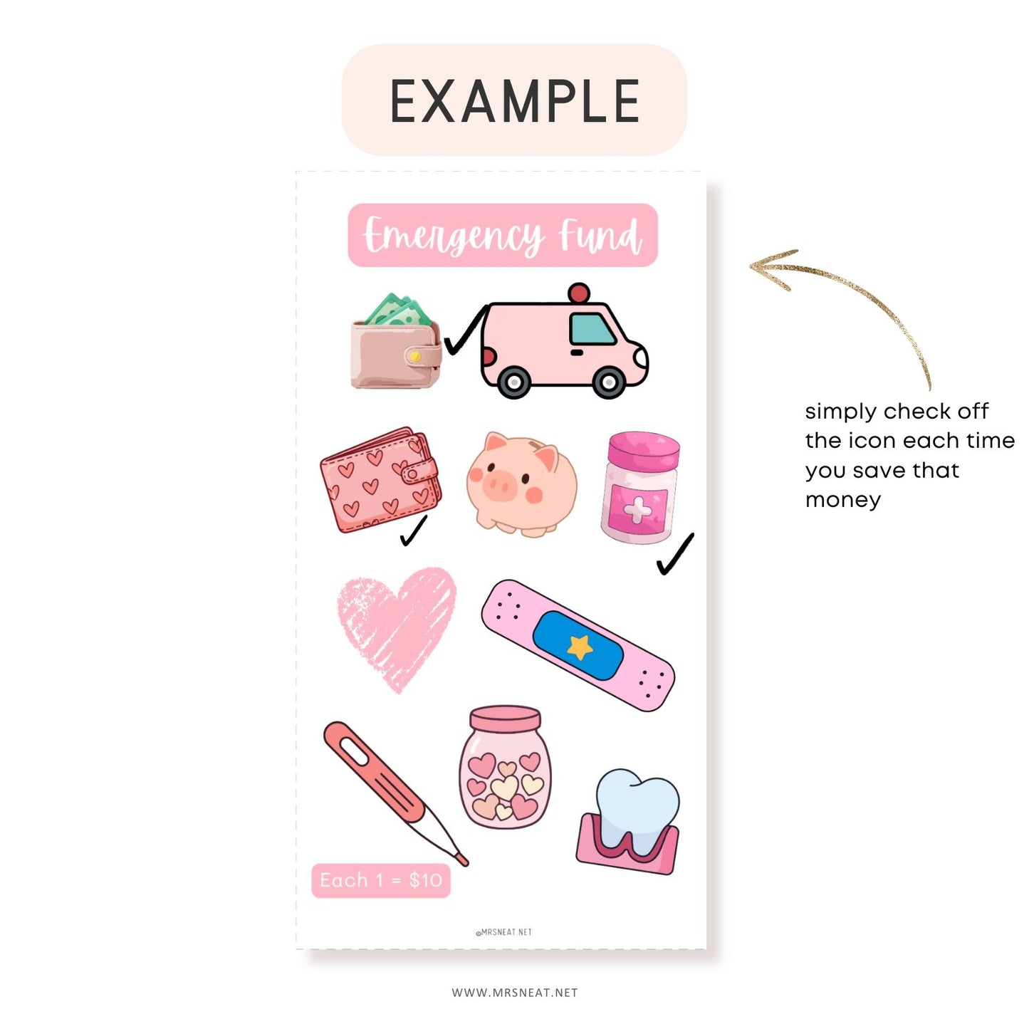 Sticker chart for saving an emergency fund with various icons on a white background.