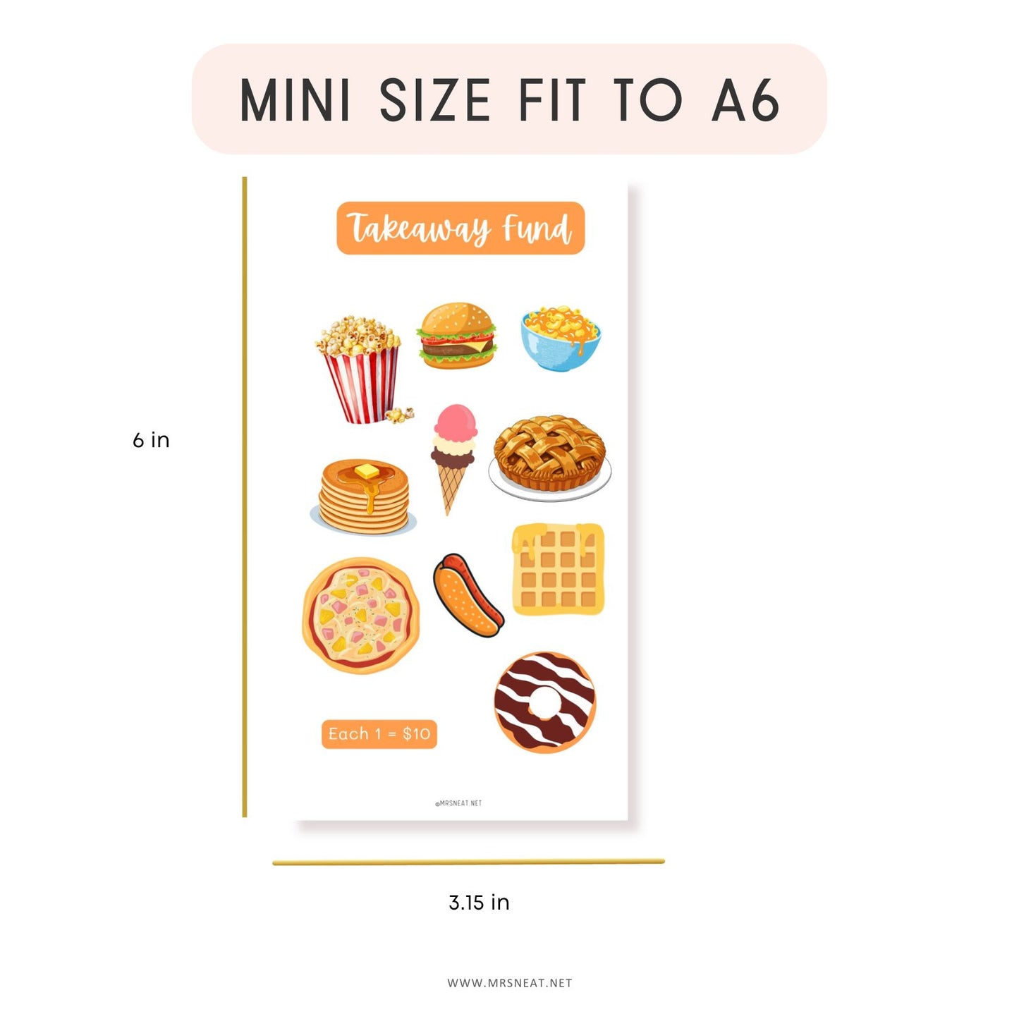 Sheet of food-themed stickers with dimensions and branding information.