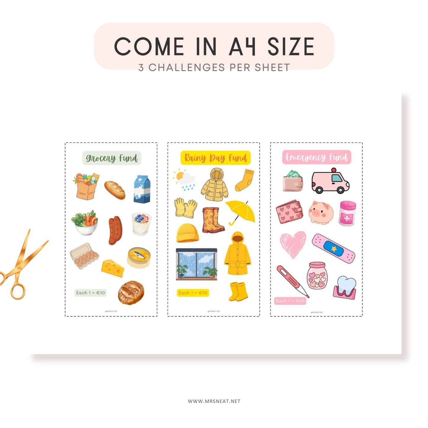 Sheet of stickers with various icons and text on a white background