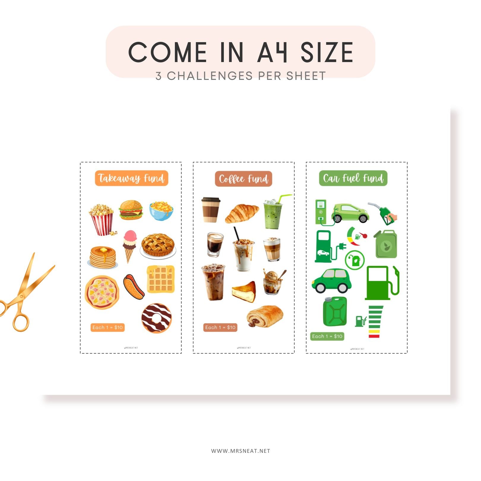 Sheet of stickers with food and fuel icons and text 'Come in A4 size, 3 challenges per sheet' on a white background.
