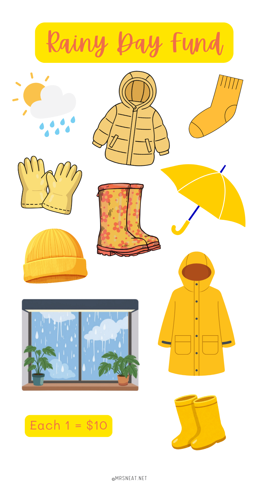 Illustrations of rain gear and weather elements with 'Rainy Day Fund' text.
