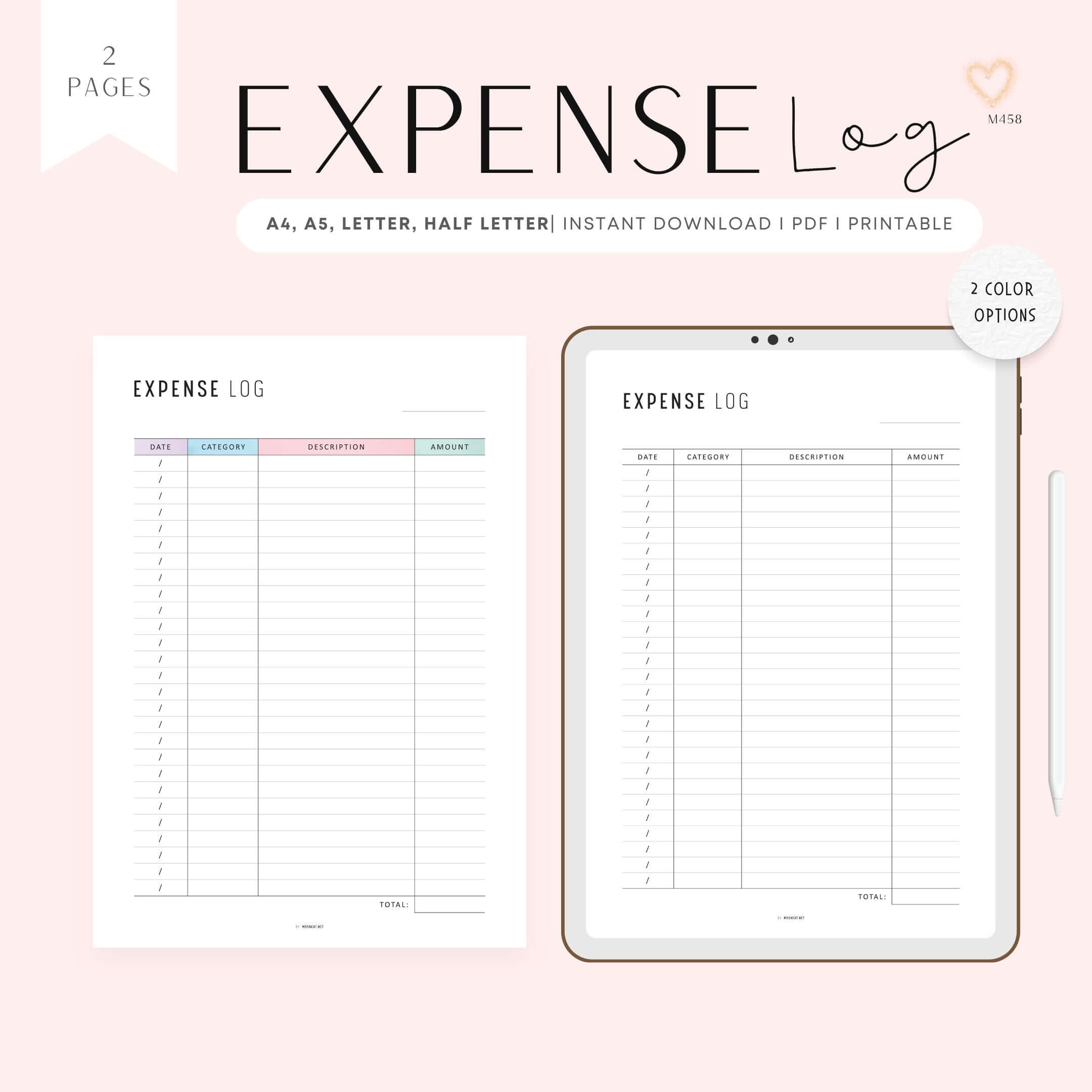 Expense Log Template - M458 – mrsneat