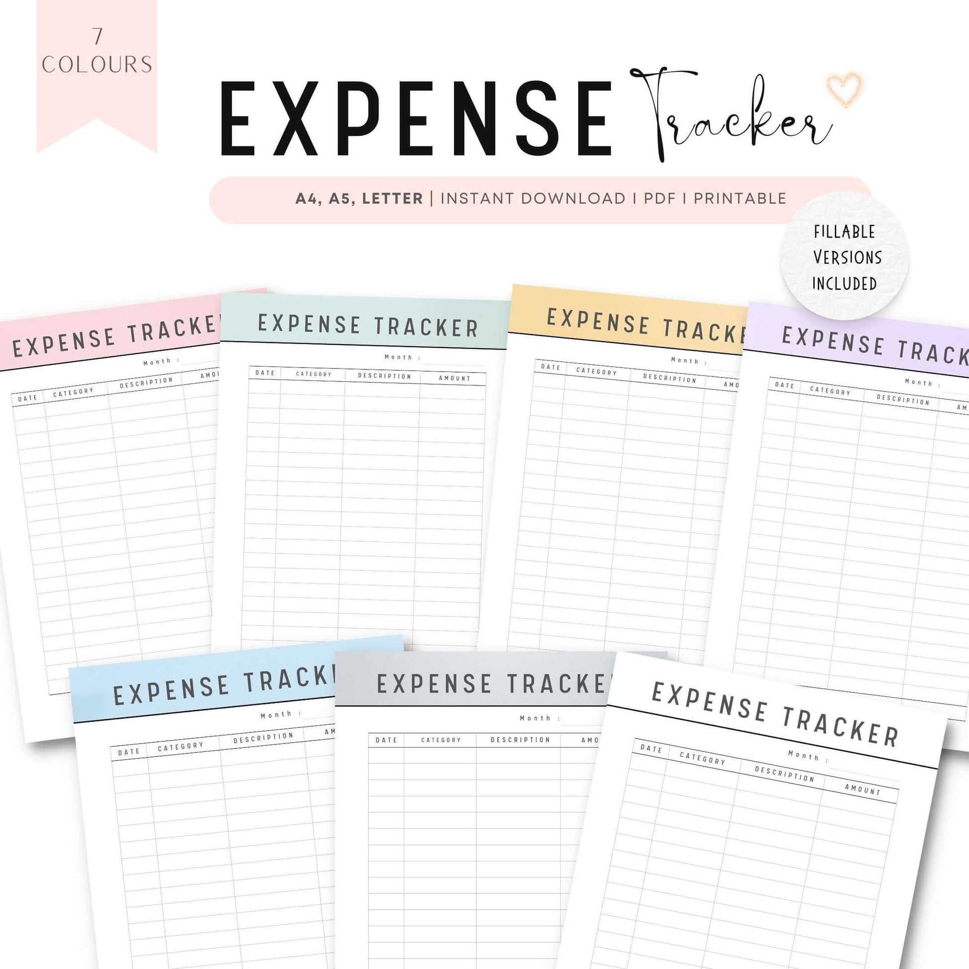 Expense Tracker Planner Printable, A4, A5, Letter, Half Letter, Printable Inserts, Digital Expense Tracker, Fillable PDF, 7 colors, Colorful Planner