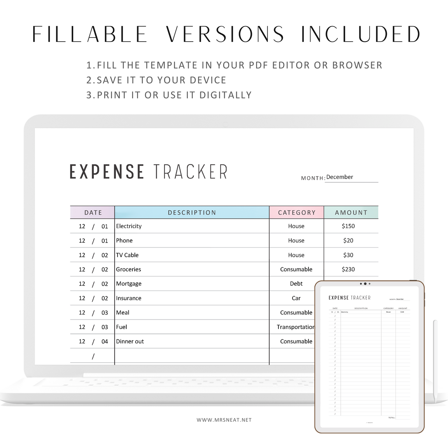 Expense Tracker Printable, Spending Tracker, Fillable Expense Log, Purchase Log, Budget Template, 2 Colors, A4, A5, Letter, Half Letter, PDF