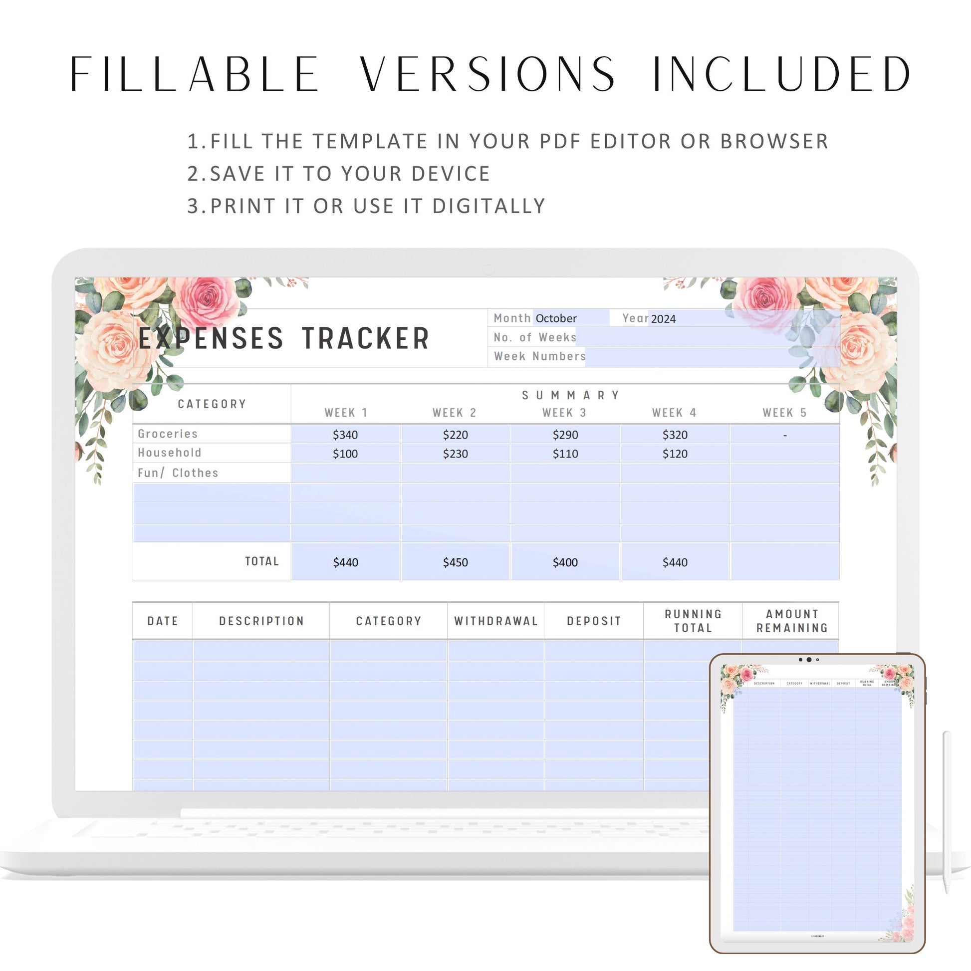 Fillable Expenses Tracker Printable Planner, Editable Bill Tracker, Floral Spending Tracker, Minimalist Expense Tracker, A4, PDF, 5 Styles