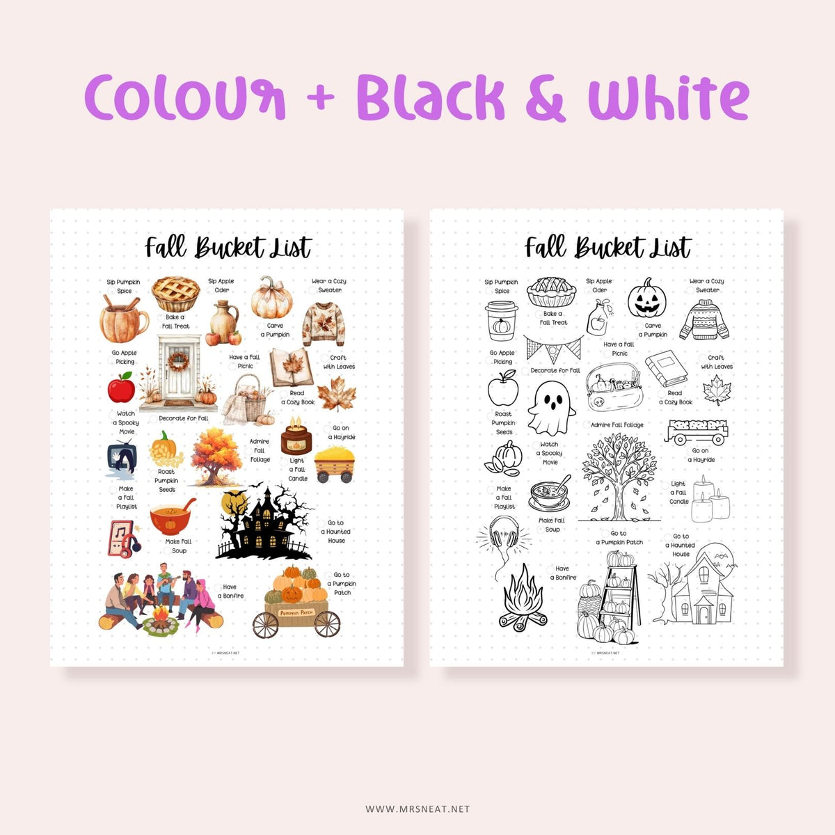 Color and black and white fall bucket list printable options