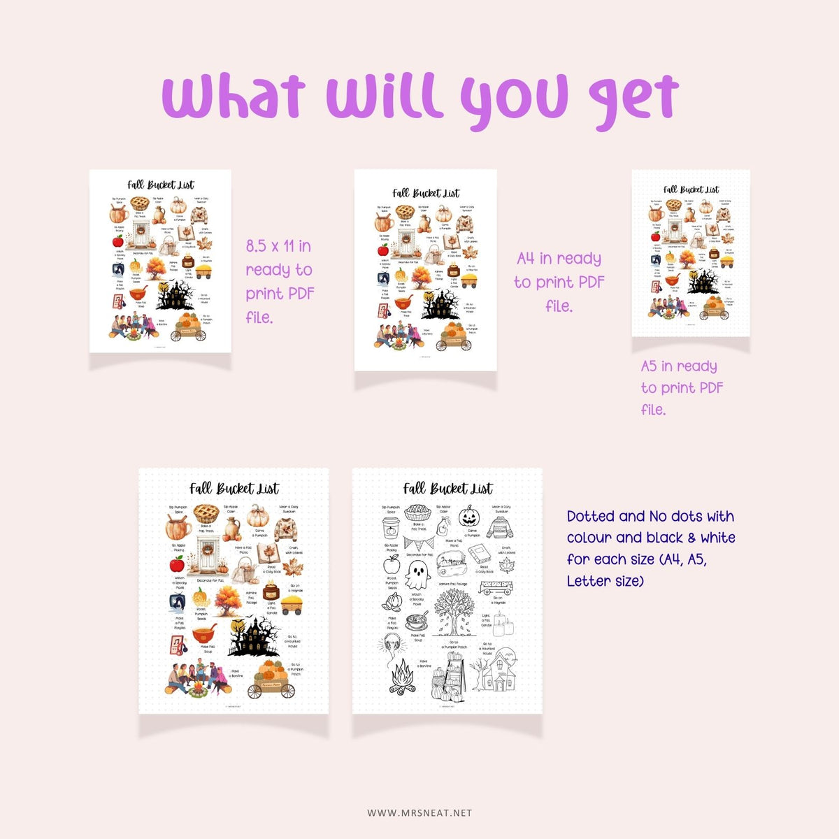 Printable fall activities checklist in A4, A5, and US Letter sizes