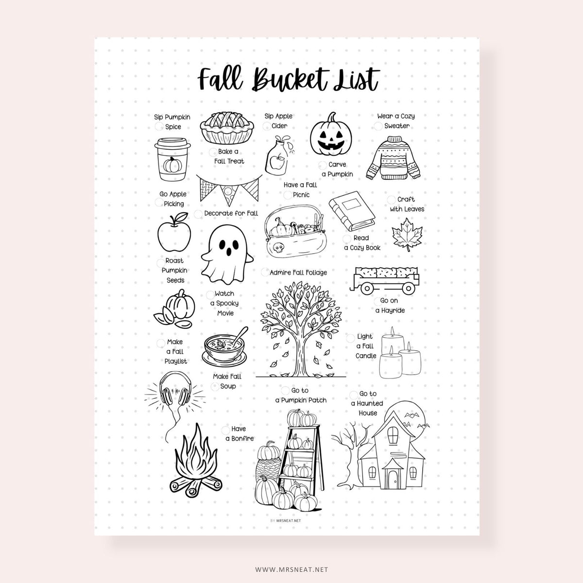 Fall bucket list printable featuring cozy autumn activities and illustrations