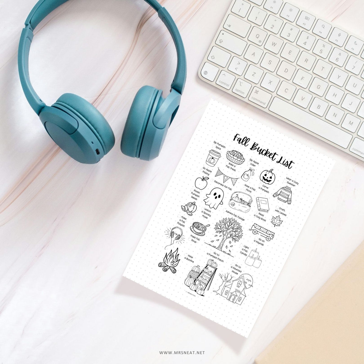 Fall bucket list printable featuring pumpkins, coffee, books, and seasonal activities