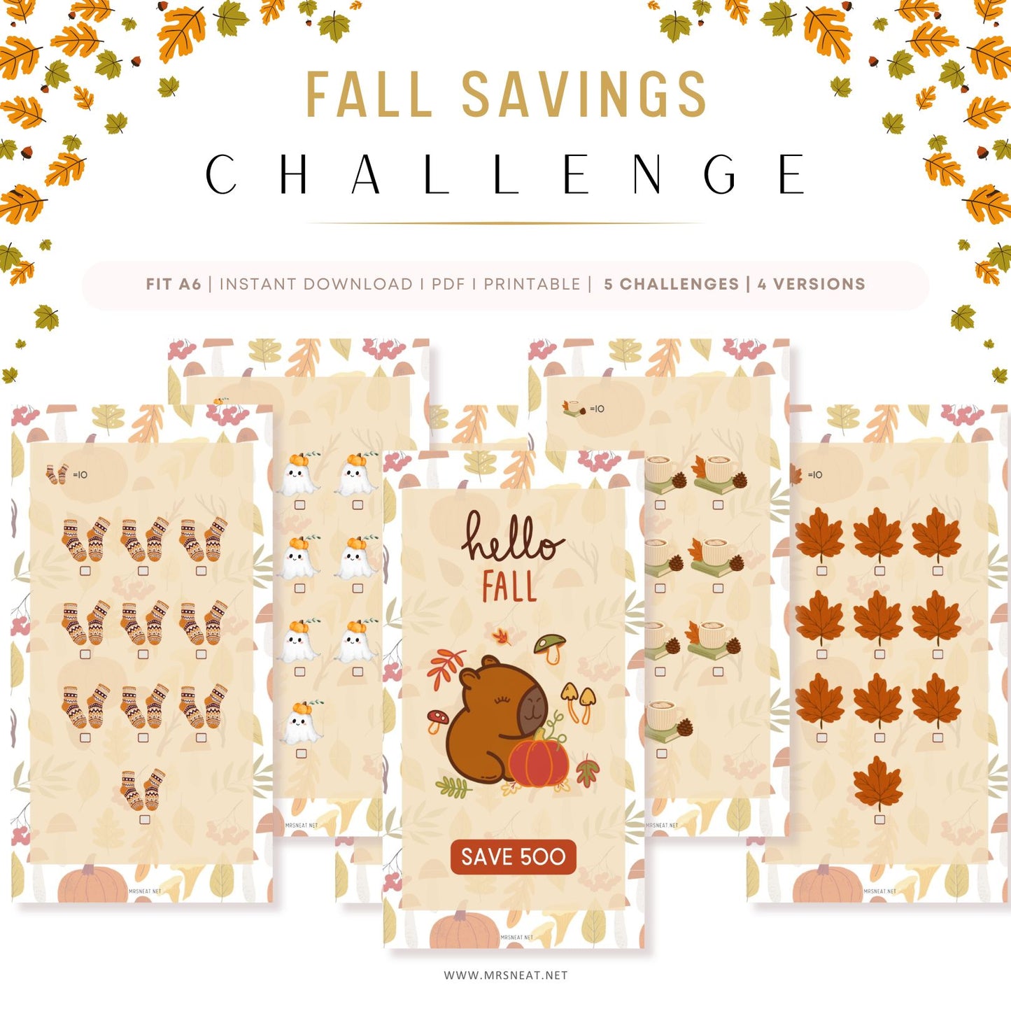 Fall savings challenge planner with autumn-themed designs on a white background