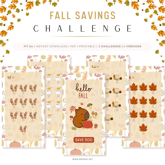 Fall savings challenge planner with autumn-themed designs on a white background