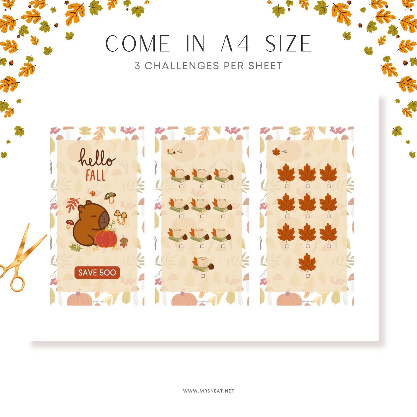 Sheet of paper with fall-themed designs and text, featuring a bear, pumpkins, and leaves on a white background.