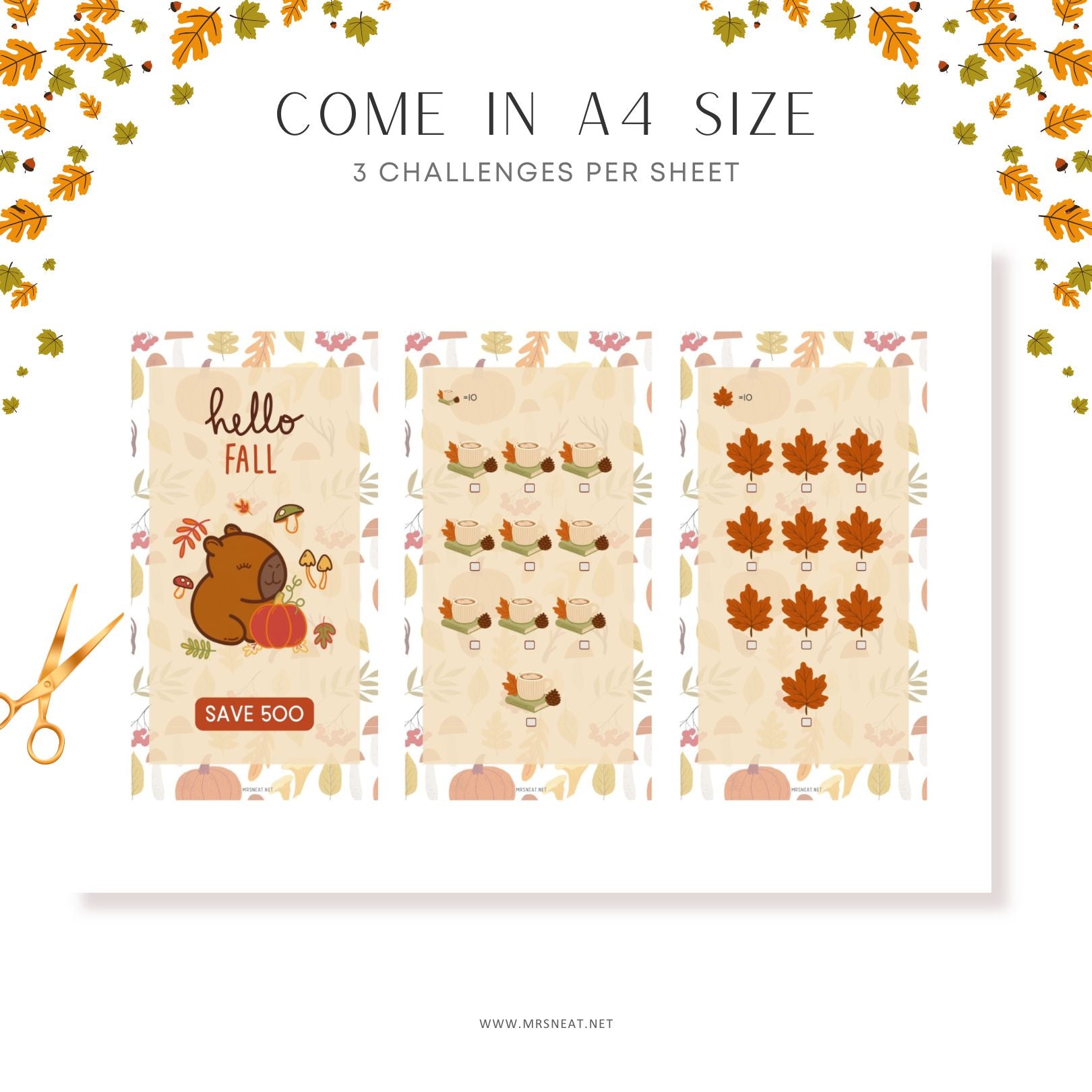 Sheet of paper with fall-themed designs and text, featuring a bear, pumpkins, and leaves on a white background.
