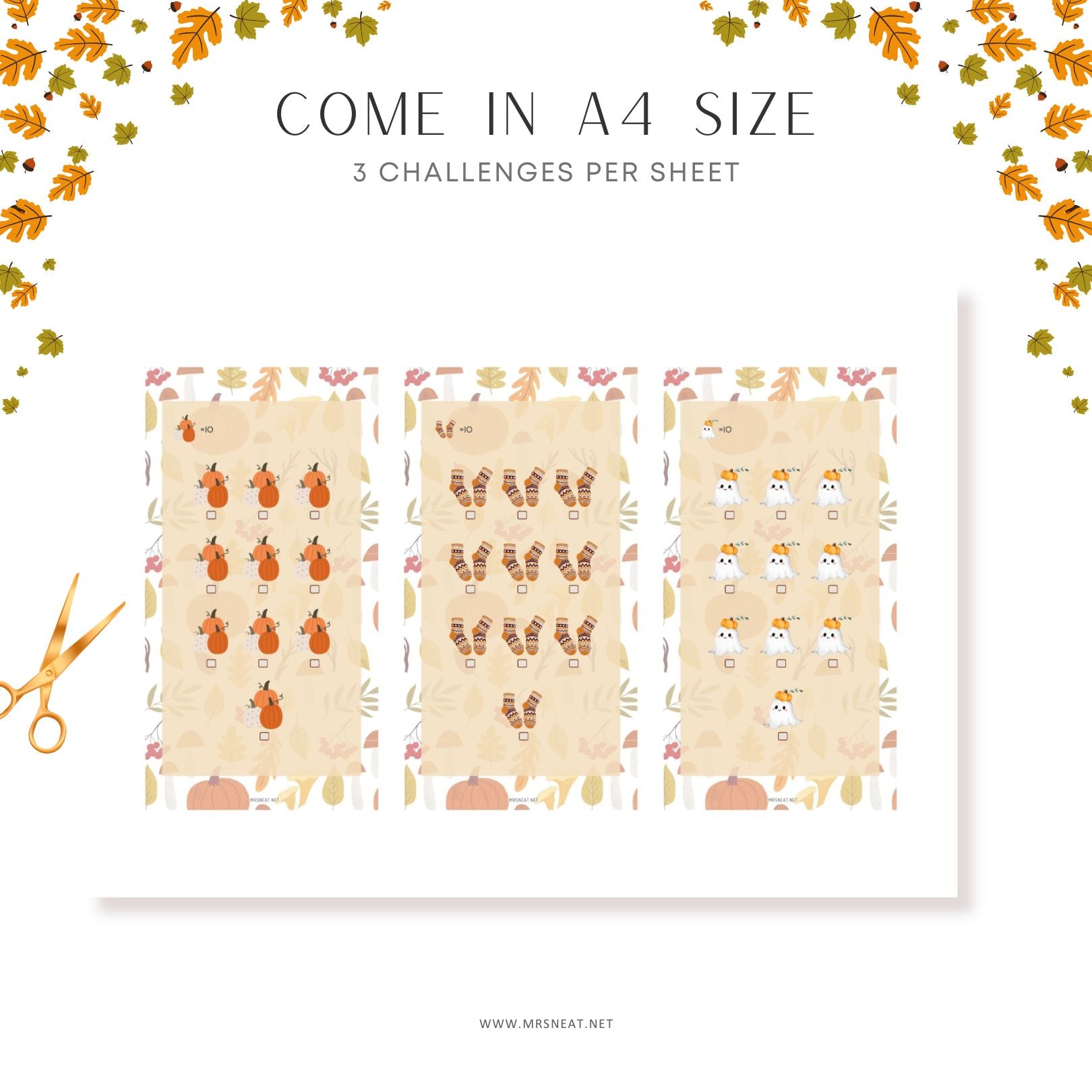 Three A4 size sheets with animal illustrations, scissors on a white background with autumn leaves.