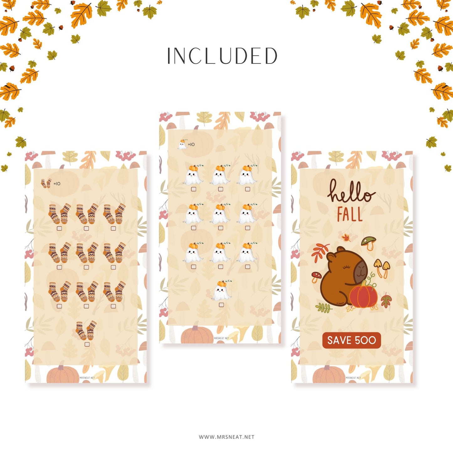 Three autumn-themed phone case designs with cartoon animals and leaves on a white background.