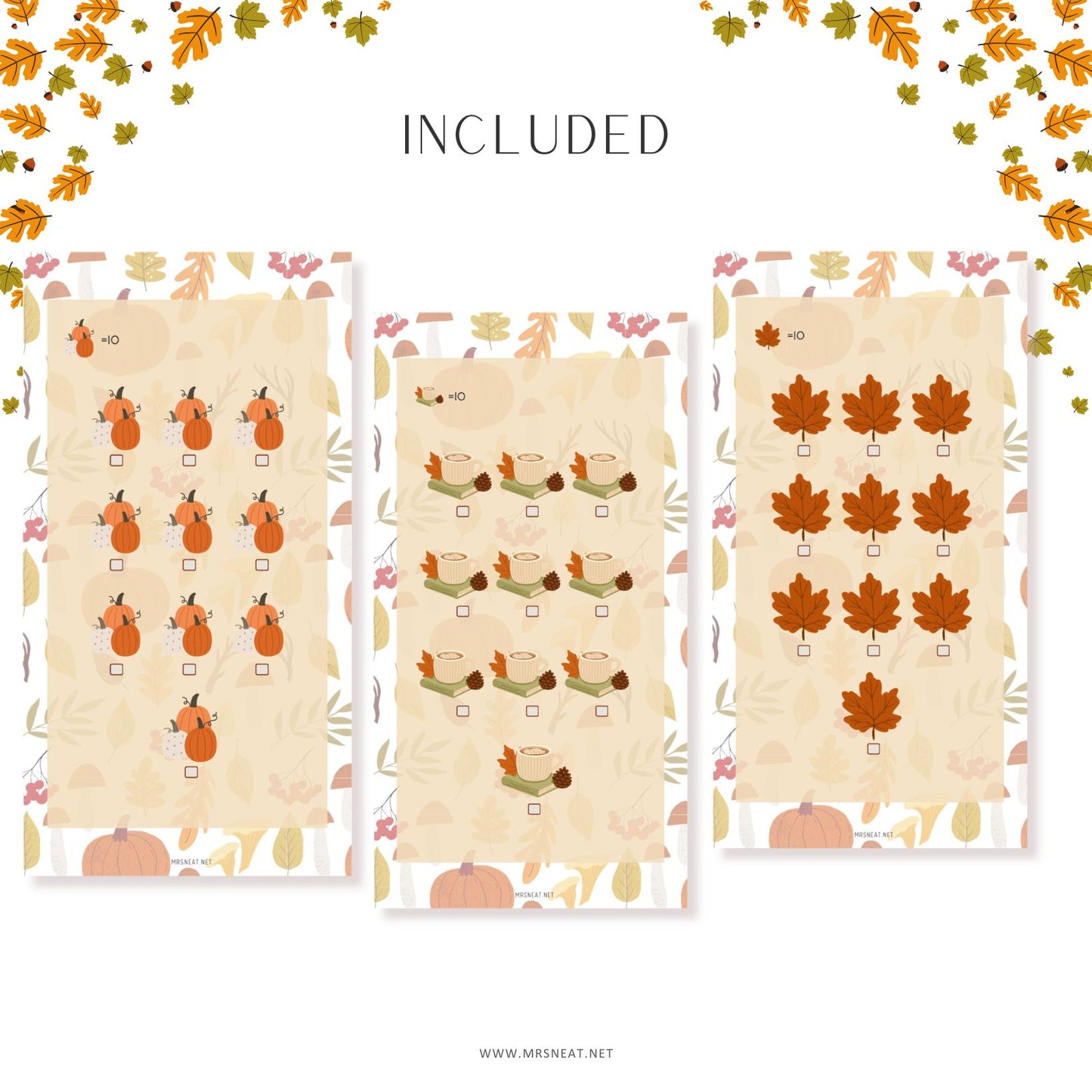 Three autumn-themed planners with leaf, pumpkin, and broom designs on a white background.
