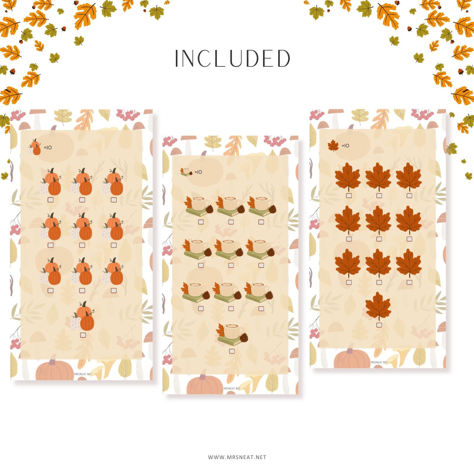 Three autumn-themed planners with leaf, pumpkin, and broom designs on a white background.