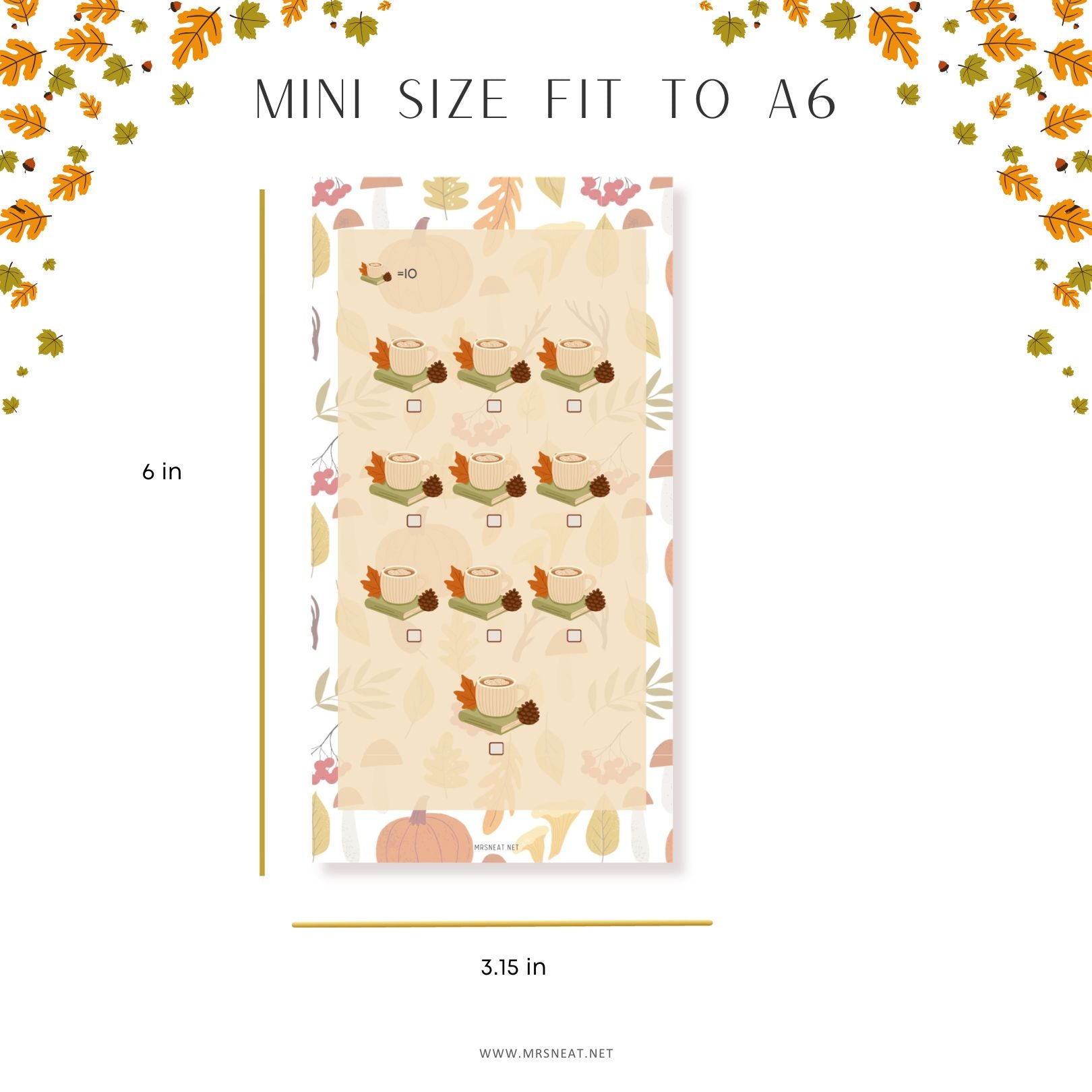 Product packaging with a fall-themed design and dimensions on a white background.