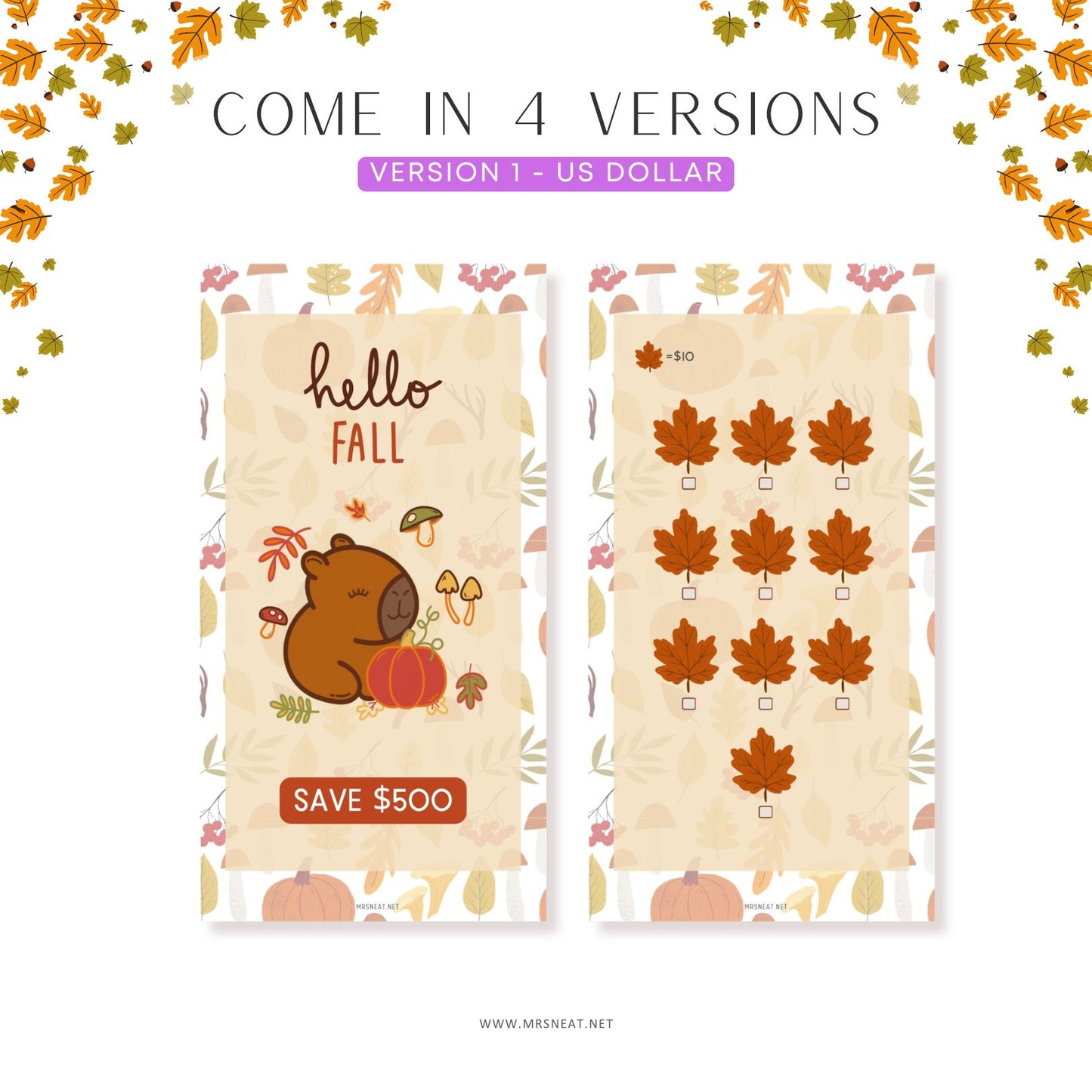 Two autumn-themed cards with a bear, pumpkin, and leaf designs on a white background.