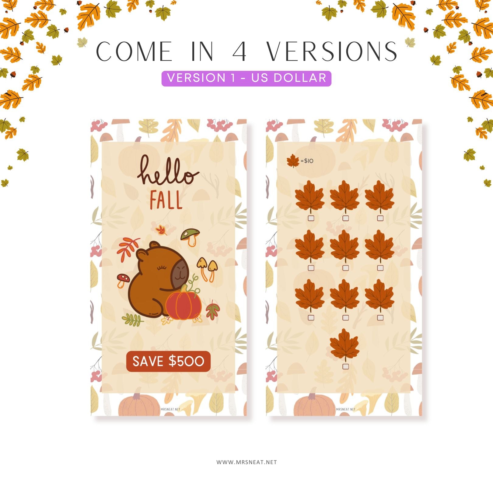 Two autumn-themed cards with a bear, pumpkin, and leaf designs on a white background.