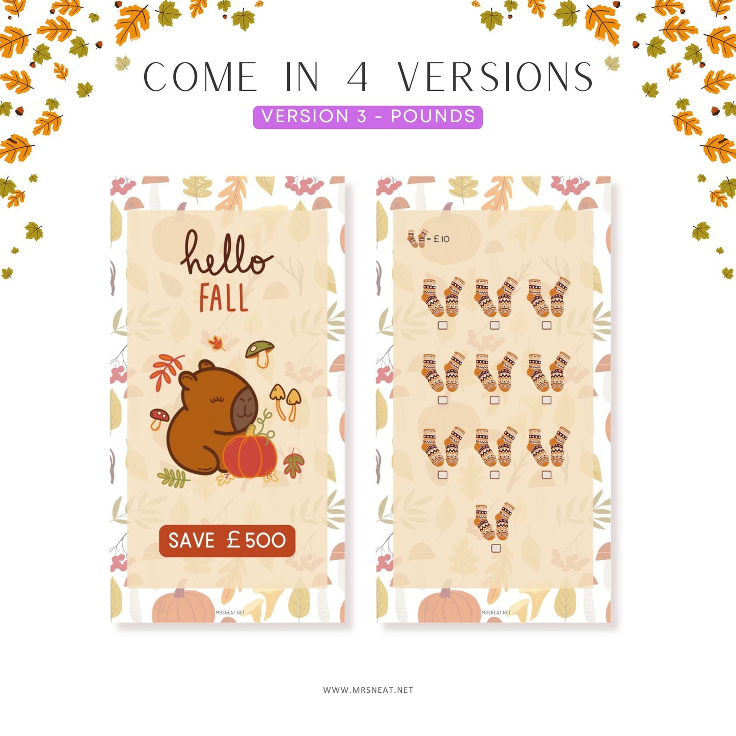 Two autumn-themed packages with a bear and pumpkin design, surrounded by fall leaves.