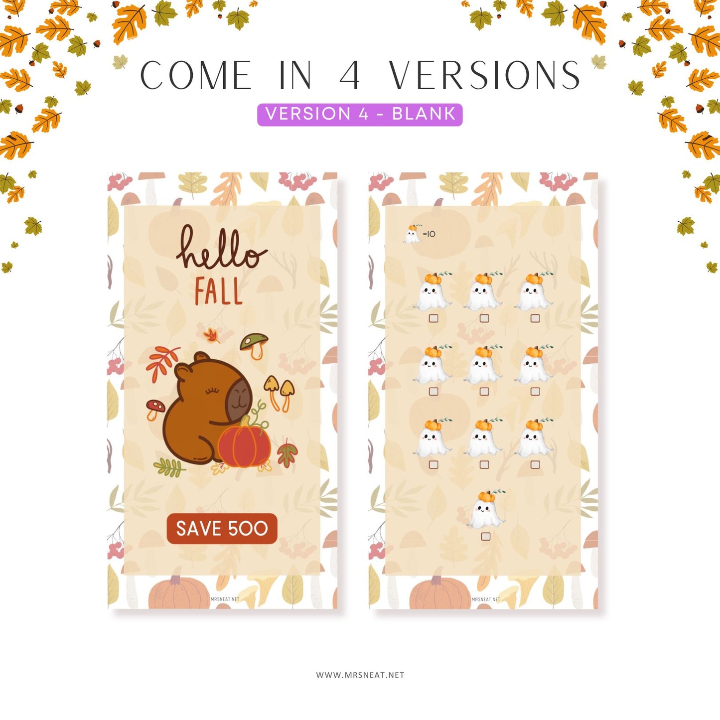 Two autumn-themed cards with cartoon characters on a white background with fall leaves.