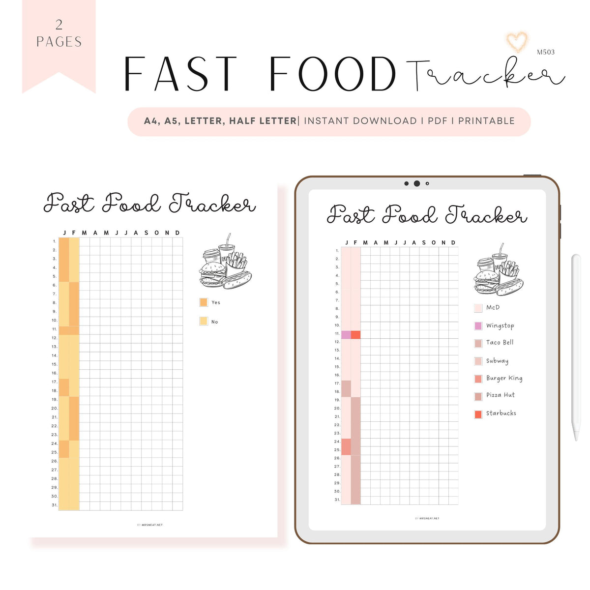 Fast Food Tracker Template Printable PDF - M503 – mrsneat