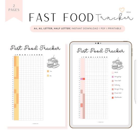 Fast Food Tracker Template Printable PDF, A4, Letter, Half Letter, A5, Digital Planner, Minimalist Planner, pre-filled & blank template