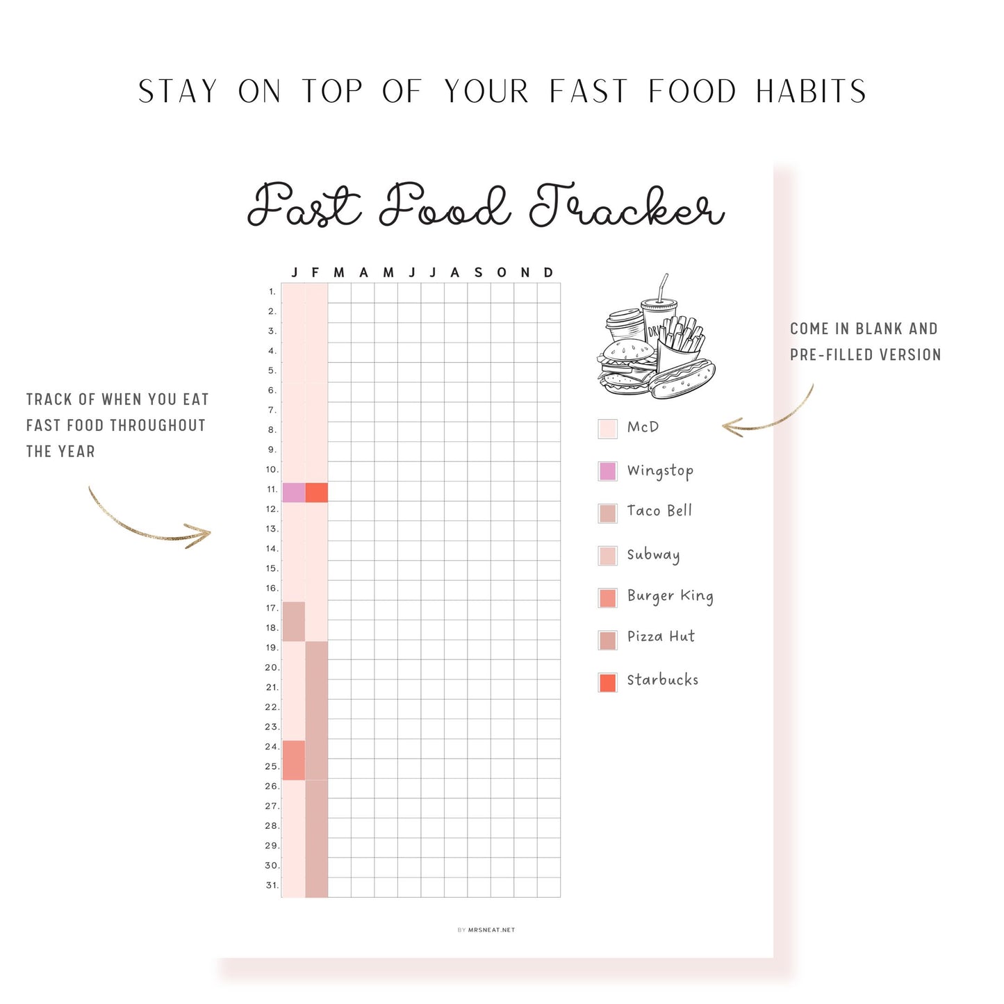 Fast Food Tracker Template Printable PDF, A4, Letter, Half Letter, A5, Digital Planner, Minimalist Planner, pre-filled & blank template