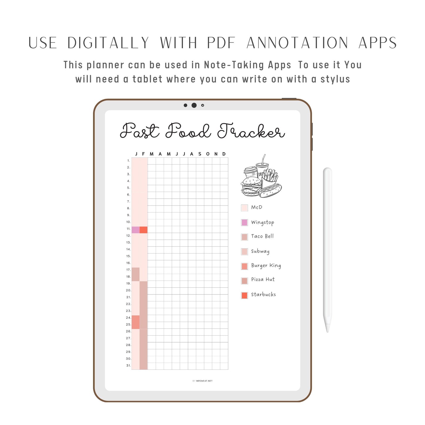 Fast Food Tracker Template Printable PDF, A4, Letter, Half Letter, A5, Digital Planner, Minimalist Planner, pre-filled & blank template