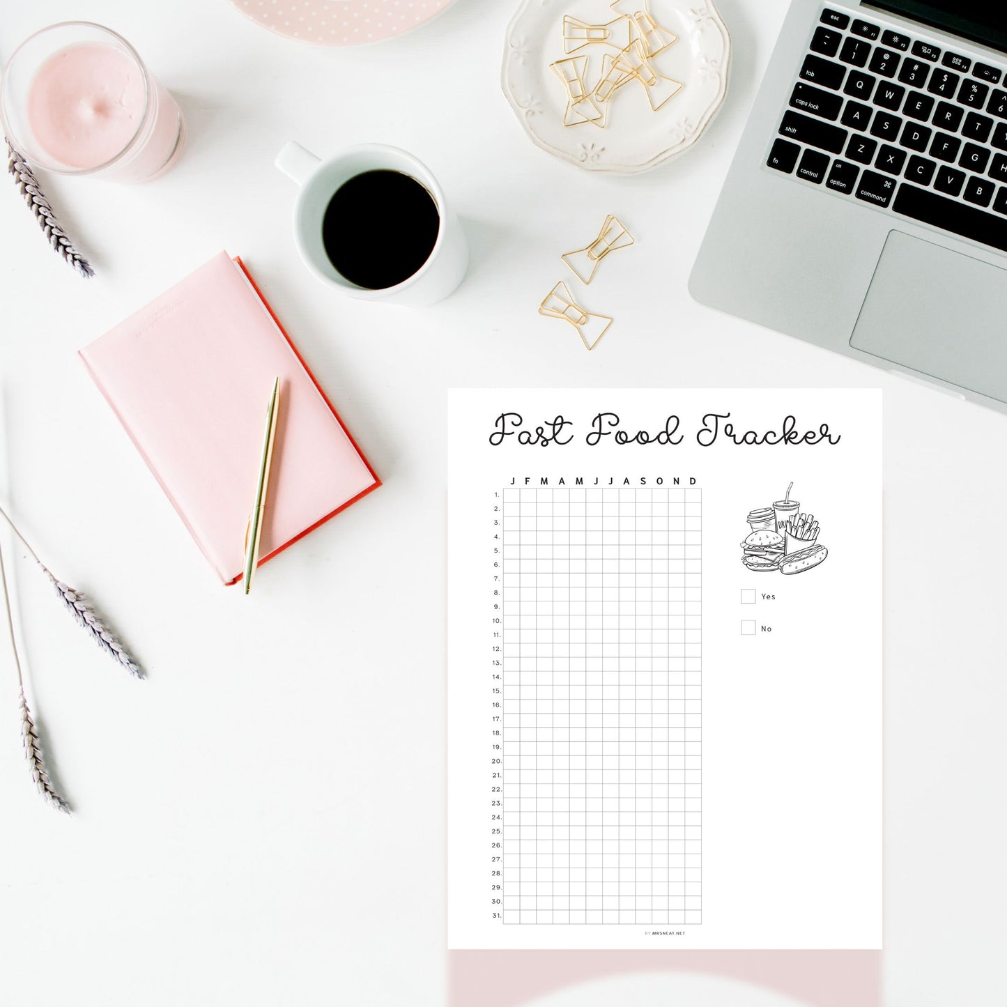 Fast Food Tracker Template Printable PDF, A4, Letter, Half Letter, A5, Digital Planner, Minimalist Planner, pre-filled & blank template