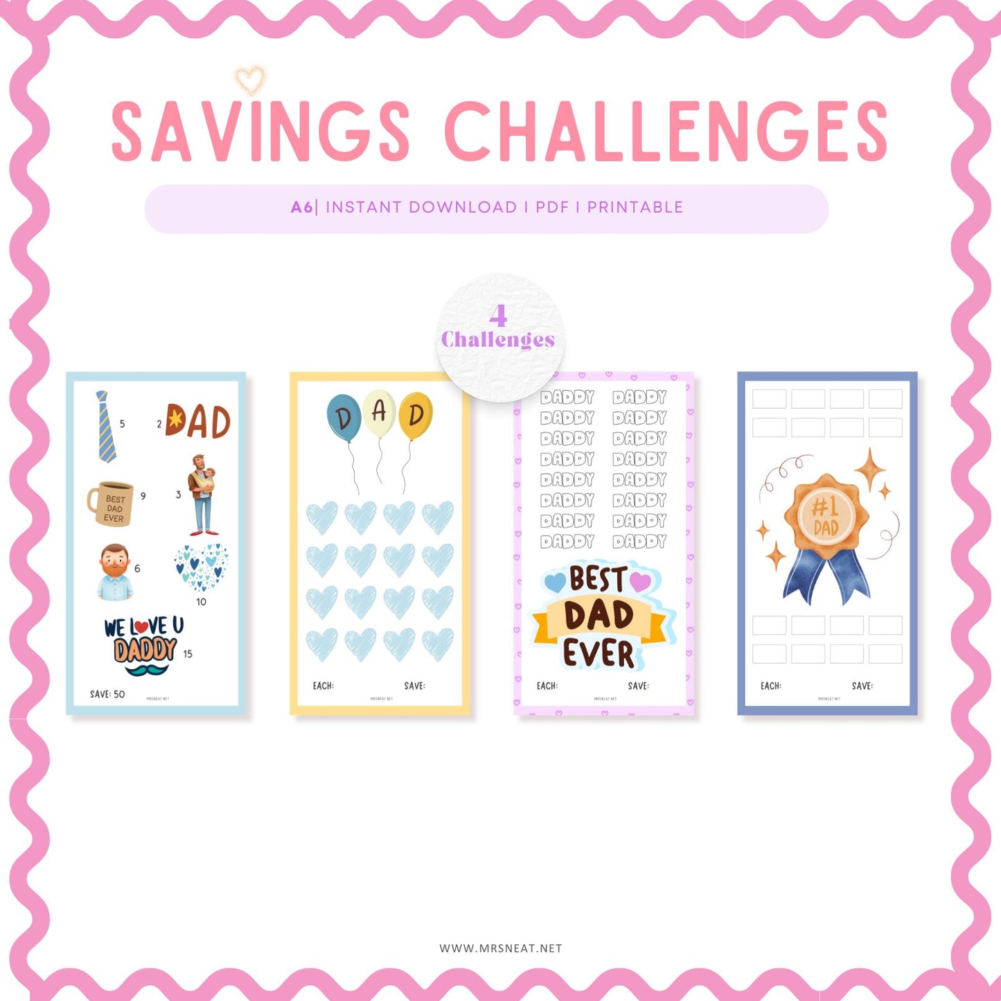 Father Day Fund Savings Challenge, A6, Printable, 4 Challenges, 4 Versions, Budget Tracker, Savings Tracker, Money Tracker, Gift for Daddy, Gift for Fathers Day, Colorful, Cute, Tiny Mini Savings Challenge