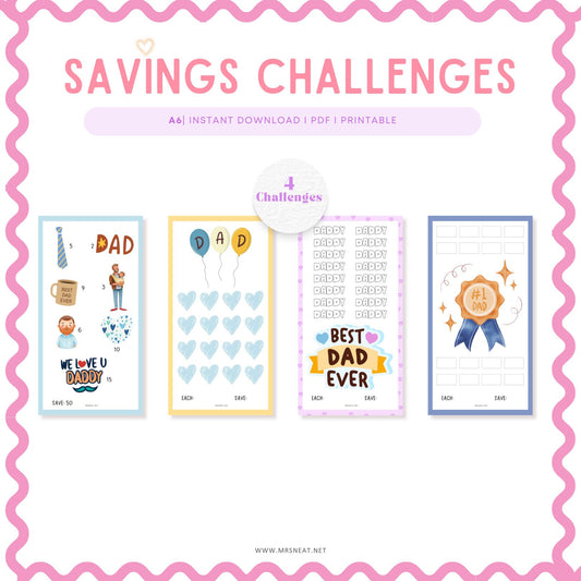 Father Day Fund Savings Challenge, A6, Printable, 4 Challenges, 4 Versions, Budget Tracker, Savings Tracker, Money Tracker, Gift for Daddy, Gift for Fathers Day, Colorful, Cute, Tiny Mini Savings Challenge