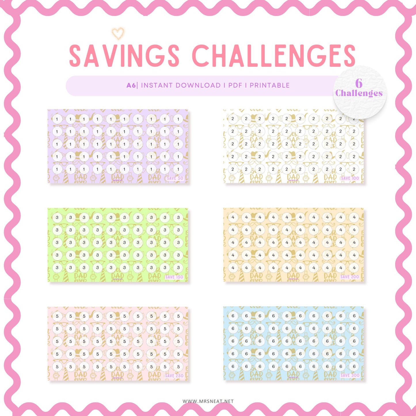 Father Day Fund Savings Challenge, A6, Printable, Colorful, Cute, 6 Challenges, Gift for Daddy, Gift for Father, Budget Tracker, Savings Tracker, Cash Stuffing, Tiny Mini Savings Challenge