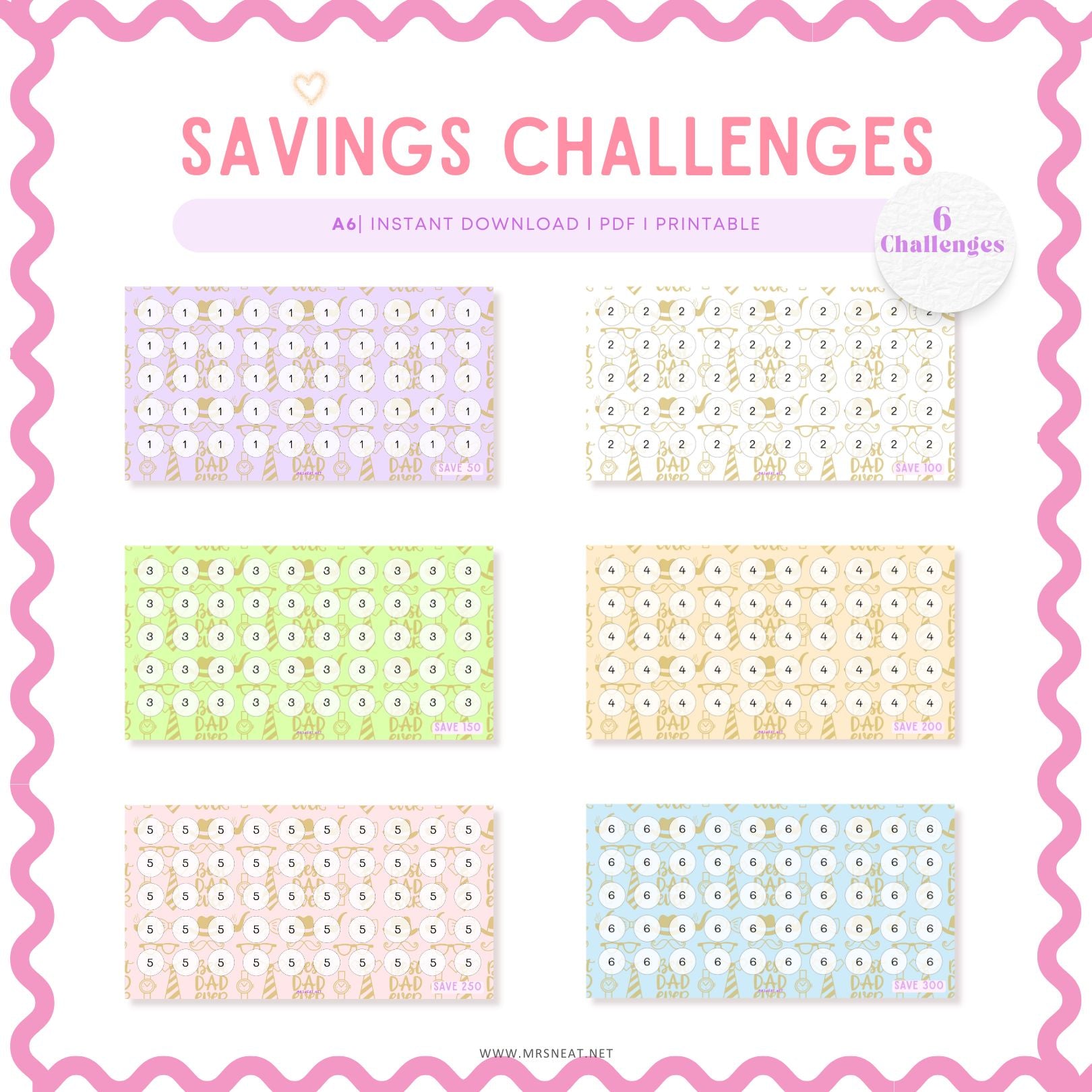 Father Day Fund Savings Challenge, A6, Printable, Colorful, Cute, 6 Challenges, Gift for Daddy, Gift for Father, Budget Tracker, Savings Tracker, Cash Stuffing, Tiny Mini Savings Challenge