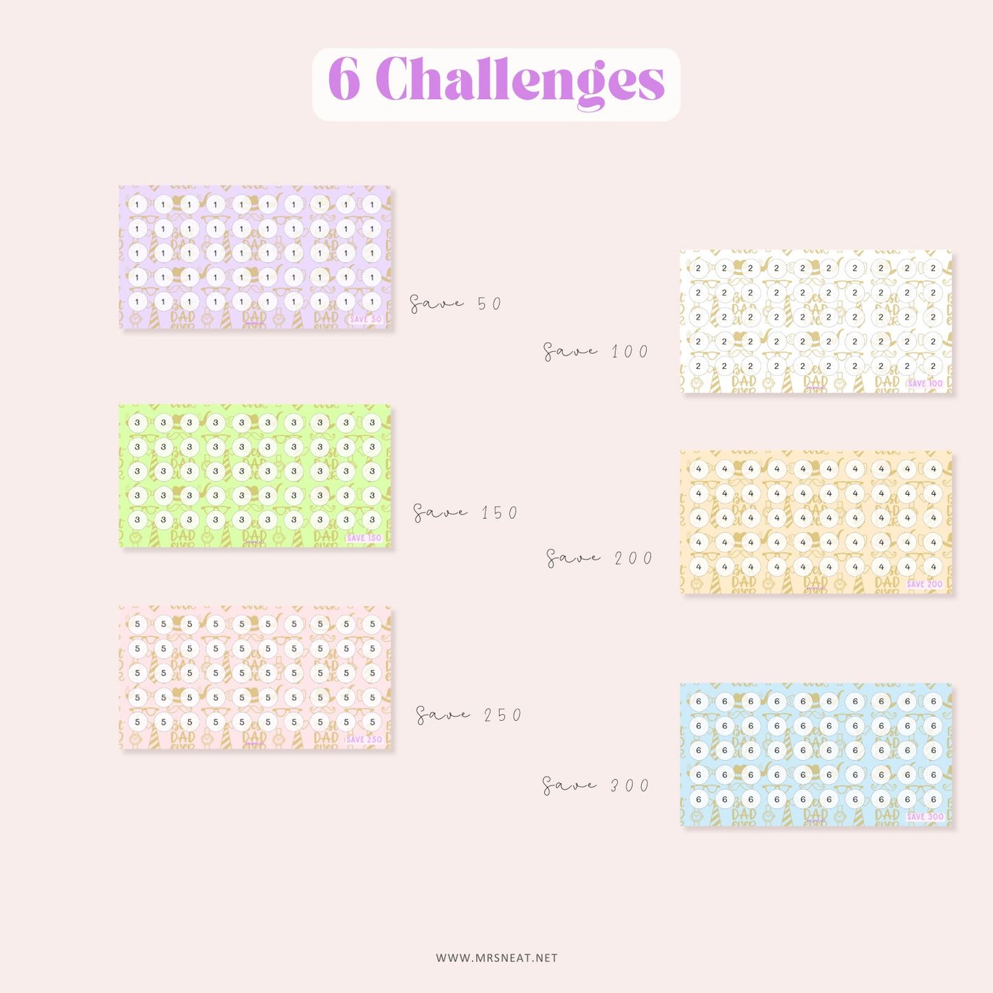 Father Day Fund Savings Challenge, A6, Printable, Colorful, Cute, 6 Challenges, Gift for Daddy, Gift for Father, Budget Tracker, Savings Tracker, Cash Stuffing, Tiny Mini Savings Challenge