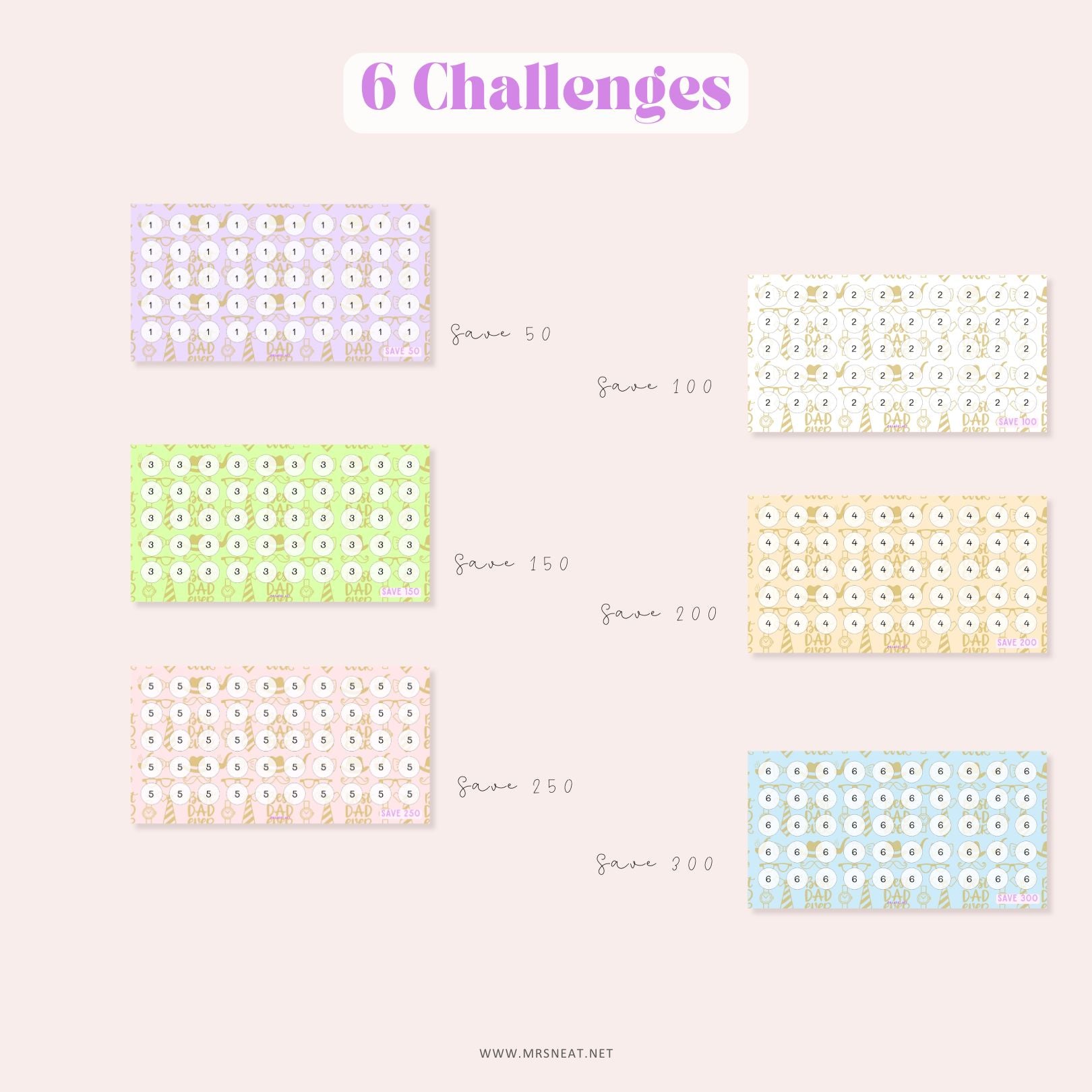 Father Day Fund Savings Challenge, A6, Printable, Colorful, Cute, 6 Challenges, Gift for Daddy, Gift for Father, Budget Tracker, Savings Tracker, Cash Stuffing, Tiny Mini Savings Challenge