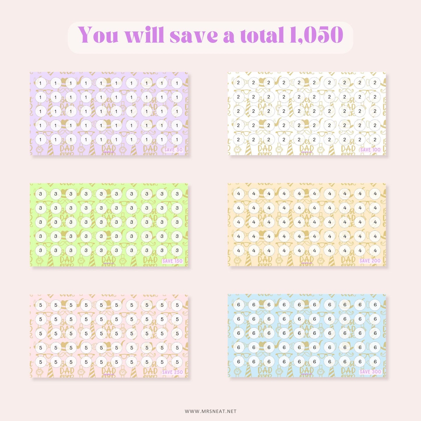 Father Day Fund Savings Challenge, A6, Printable, Colorful, Cute, 6 Challenges, Gift for Daddy, Gift for Father, Budget Tracker, Savings Tracker, Cash Stuffing, Tiny Mini Savings Challenge