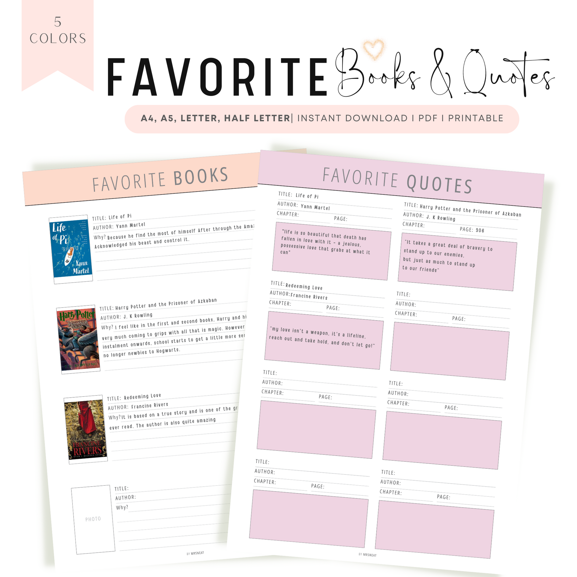 Favorite Books & Quotes Template Printable